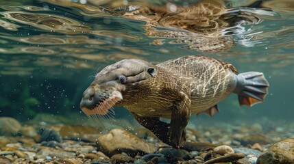 Wall Mural - Platypus Swimming in Creek, Photograph a platypus swimming gracefully in a clear creek, its unique appearance and playful nature