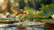 Frog Leaping from Lily Pad, Capture the dynamic movement of a frog as it leaps from one lily pad to another, showcasing its agility and grace in the water