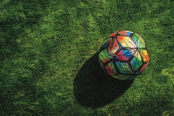 A multi-colored soccer ball casts a soft shadow on the textured grass during a sunset, evoking the joy of sports