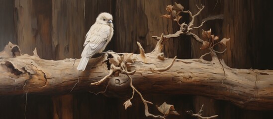 Wall Mural - A serene painting of a beautiful white bird gracefully perched on a branch of a tree in nature