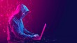 Abstract polygonal hacker with laptop on technology dark background. Cyber attack and cyber security concepts