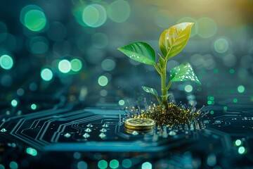 Financial growth and prosperity concept, money plant sprouting from gold coins on tech backgroundFinancial growth and prosperity concept, money plant sprouting from gold coins on tech background