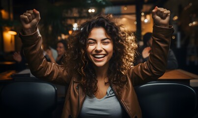 Wall Mural - Happy young female employee sitting on office chair, raising arms and making winner gesture, very happy and excited.