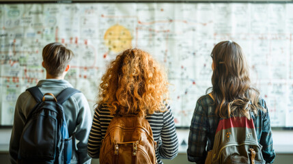 Three individuals with backpacks examining a large wall map, likely planning a route or exploring a new place together.