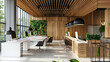 A large open office space with a lot of natural light and plants.