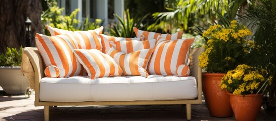 Canvas Print - A close up view of a comfortable couch adorned with colorful pillows next to a lush green plant in a pot