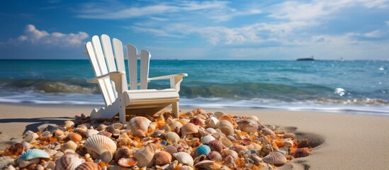 Poster - Beach chair placed on the sand with various shells scattered around it