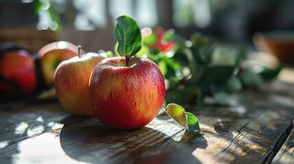 Two apples are sitting on a table with leaves around them. Generative AI.