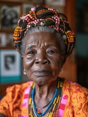 Wall Mural - An older woman with a colorful headdress and beads. Generative AI.