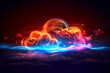 Neon abstract illustration of flaming cloud and blue information wave, internet data web storage symbol