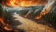 Climate change showing natural disasters, floods and forest fires. Global warming concept