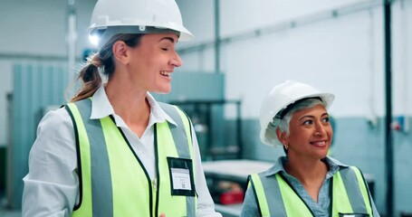 Poster - Construction, engineer and women at building site for inspection, planning or teamwork. Project, speaking and senior architect with contractor for development, industrial renovation or hat on tablet