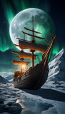 Fototapeta  - Epic Viking Voyage Valhalla Ship Soars Through Aurora Northern Lights to the Moon