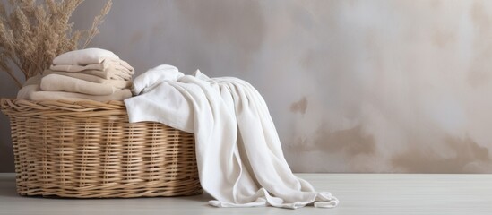 Poster - A basket containing neatly folded towels is seen up close, along with a green potted plant placed inside the basket