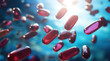 Healthcare and medical, pharmacy and medicine, antidepressant and vitamin concept. Group of 3d pills and medicine capsules flying in the sunny cloud sky. Close-up of painkillers in motion dynamics	
