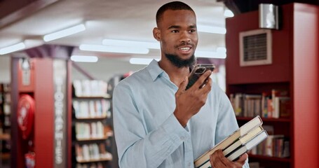 Poster - Black man, phone call or speaker in college library for communication, talking and planning study date. Smile, walking or African student with smartphone for speaking or conversation in bookstore
