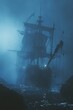 Haunting ghost ship with ethereal mists, tattered sails, and the silhouette of a ghastly crew, capturing the supernatural elements of pirate legends created with Generative AI Technology