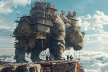 Craft A Surreal Depiction Of A Grand House Construction Project Taking Place On The Back Of A Colossal Creature, With Workers Navigating Its Rugged Terrain And Harnessing Its Primal Energy To Build Th
