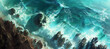 Aerial view of clean turquoise ocean waves crashing against rugged rocks
