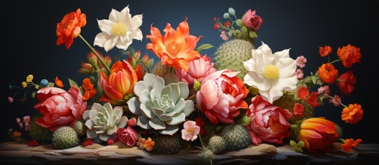 Poster - A beautiful artwork depicting a colorful bunch of flowers arranged in a vase, placed on top of a wooden table