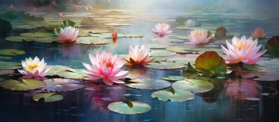 Poster - Beautiful pink water lilies blooming in a serene pond with the sun shining through fluffy clouds in the sky