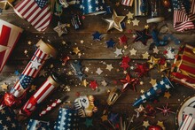 Festive Independence Day Celebration Concept With American Flags, Fireworks, And Party Decorations Arranged On A Rustic Wooden Surface.