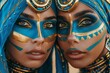 Donning Egyptian pharaoh costumes, a couple showcases organically inspired body art in dark black and blue hues, embodying ancient royalty with a modern twist.