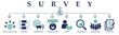 Survey banner web solid icons. Vector illustration concept including icon of data collection, polling, marketing, satisfaction, client, research, participant and results