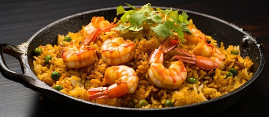 Poster - A delicious meal of shrimp and rice cooked in a skillet and topped with flavorful cilantro sauce