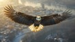 Bald eagle soaring over the Iowa River, powerful wings cutting through the cold air, AI Generative