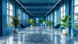 Fototapeta  - blue office corridor, concrete floor, loft-style windows, continuous ceiling lights, business and financial design theme, spacious interior concept, AI Generative