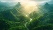 From above, rugged peaks and a river's ribbon through mountains, vibrant forest embrace, tranquil, golden hour glow, landscape photography, ultra high poly, Magical, AI Generative