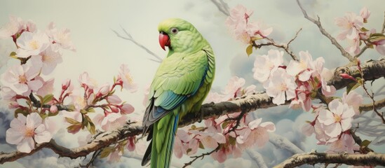 Poster - A vibrant green parrot with colorful feathers perched gracefully on a sturdy branch of a lush tree