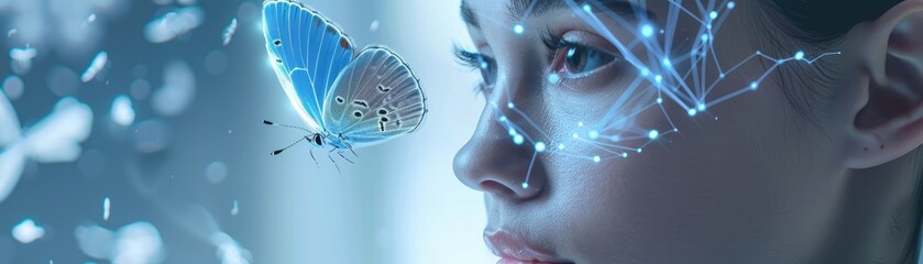 A virtual assistant with a butterfly avatar designed to help users navigate digital spaces with ease and a touch of natures grace