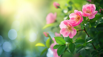  Nature background with wild rose flowers