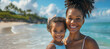 A single African American mother enjoys her summer vacation with her daughter on a sunny paradise beach, with copy space.