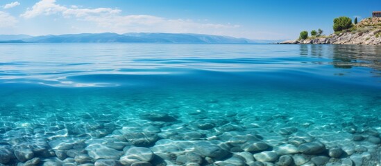 Canvas Print - A serene view of a solitary house perched by the rocky shoreline of a crystal blue ocean under a clear sky