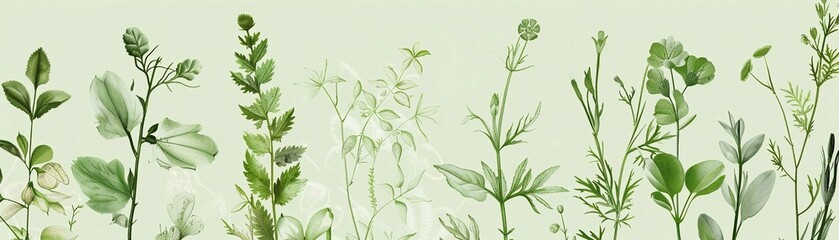 Botanical Illustrations, green background featuring illustrations of various plants flowers and botanical elements