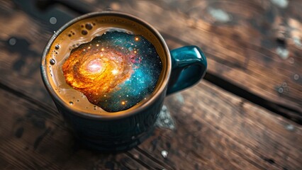 cosmic coffee universe in a cup on wooden table. space galaxy center macro photography.