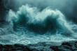 A creative and artistic photo of a crashing wave on a rocky shore