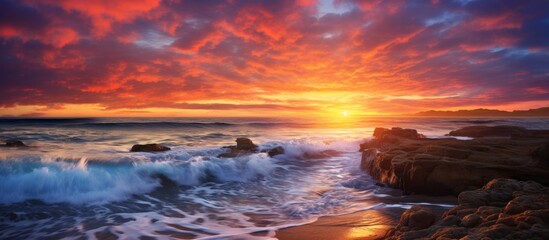 Canvas Print - The beautiful sun setting over the ocean horizon, casting vibrant colors on the waves crashing against the rugged rocks below