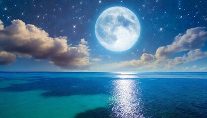 Wall Mural - Romantic Moon With Clouds And Starry Sky Over Sparkling Blue Water