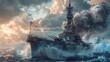 Battleship in waters fighting enemy