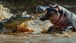 Hippo attacks crocodile in the river. Predators fight. AI Generated 