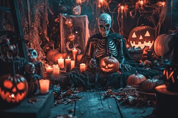 Fototapete - Spooky Halloween scene with haunted decorations and costumes, Eerie Halloween setting adorned with haunted decorations and costumes.