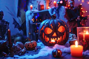 Fototapete - Spooky Halloween scene with haunted decorations and costumes, Eerie Halloween setting adorned with haunted decorations and costumes.
