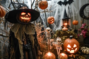 Fototapete - Spooky Halloween scene with haunted decorations and costumes, Eerie Halloween setting adorned with haunted decorations and costumes.