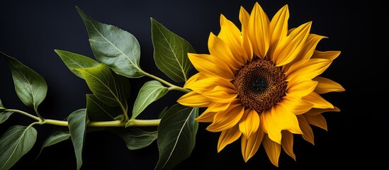 Poster - The vibrant yellow sunflower is perched on a long green stem, standing tall and proud in the sunlight