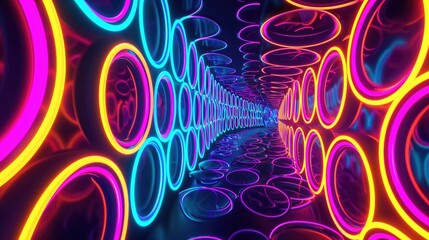 Fototapete - Vibrant neon circles forming an intricate pattern, Dynamic display of neon circles creating an elaborate and mesmerizing pattern.