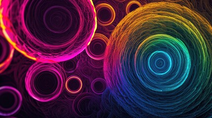 Fototapete - Vibrant neon circles forming an intricate pattern, Dynamic display of neon circles creating an elaborate and mesmerizing pattern.